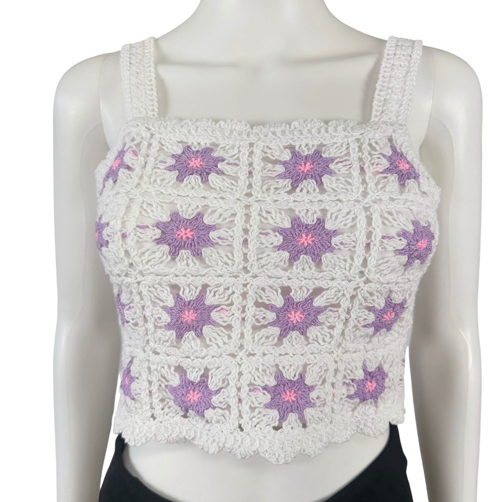 Beautees Crochet Granny Square‎ Floral Crop Top Smocked Boho Cottagecore Indie L